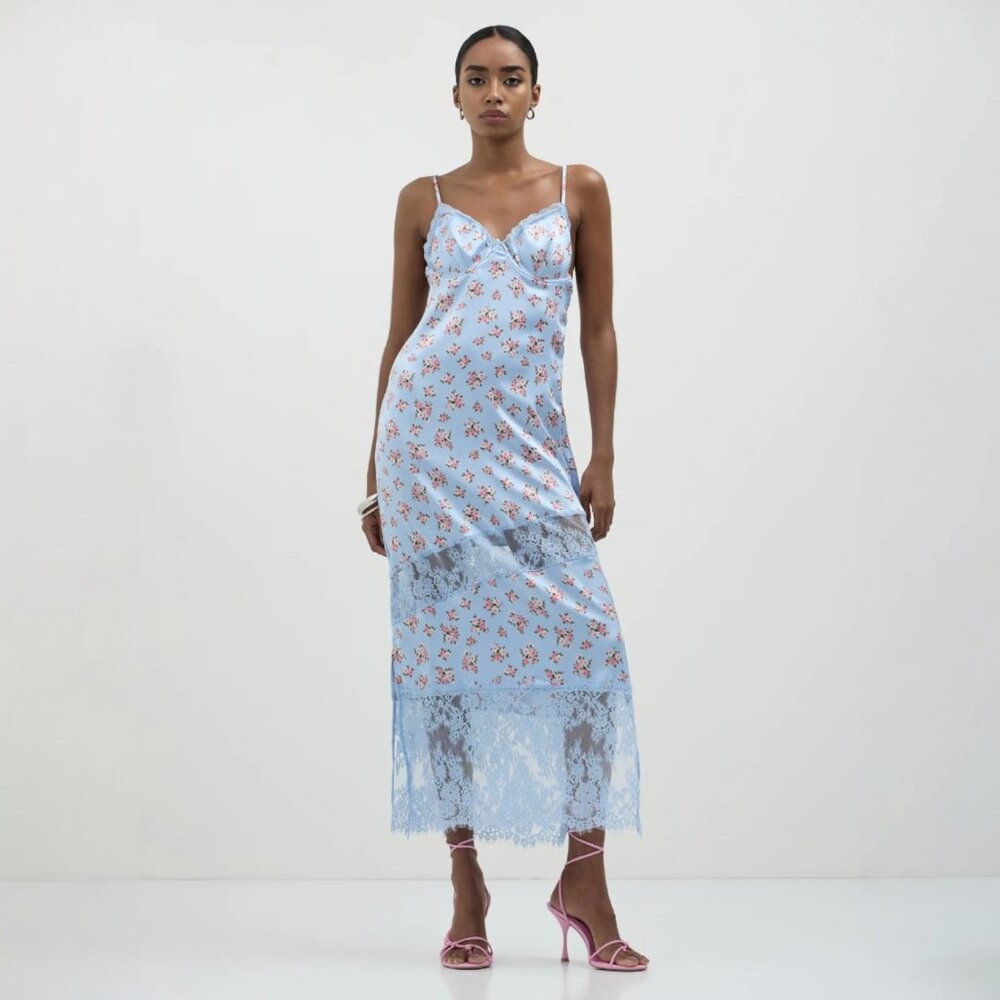 Calliope Baby Blue Lace Slip Dress Side Zip Feminine Midi Soft Girl Aesthetic